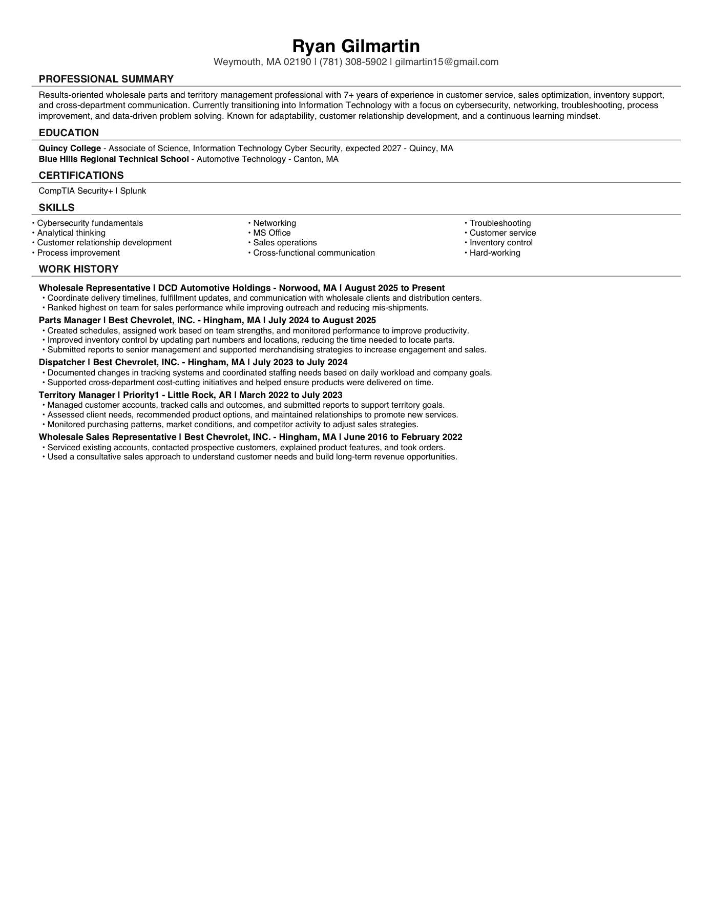 Preview of Ryan Gilmartin's resume